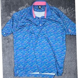 FootJoy FJ Golf Polo Shirt Blue Wave Pattern Pink Collar Mens 2XL